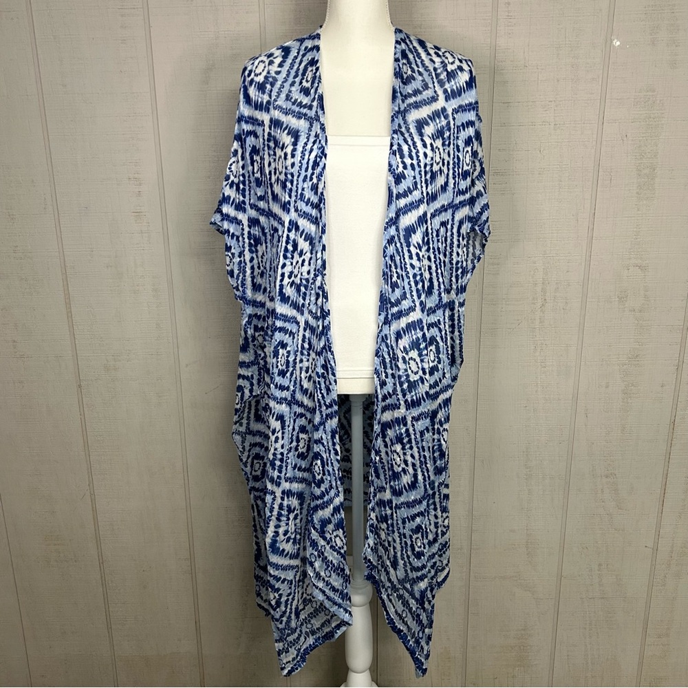 Rachel‎ Zoe Long Duster Cardigan One Size Open Front Sheer Kimono Slv Ikat Print